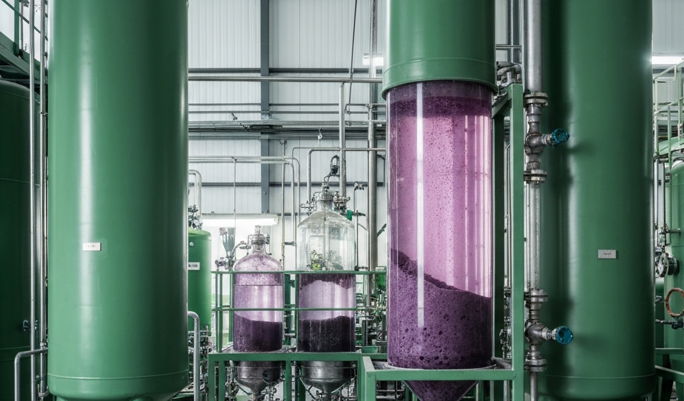 Chemische Trennanlage für Antimon-Mineralien in einem Verarbeitungslabor mit kühlem Neonlicht