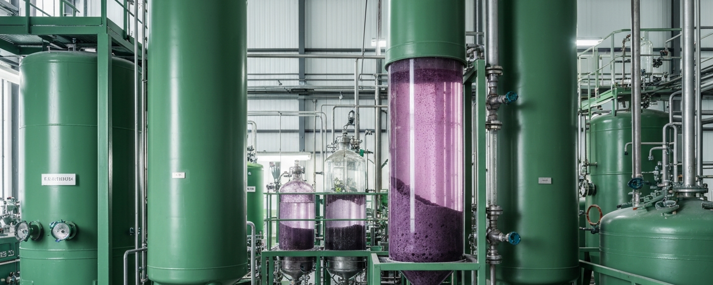 Chemische Trennanlage für Antimon-Mineralien in einem Verarbeitungslabor mit kühlem Neonlicht