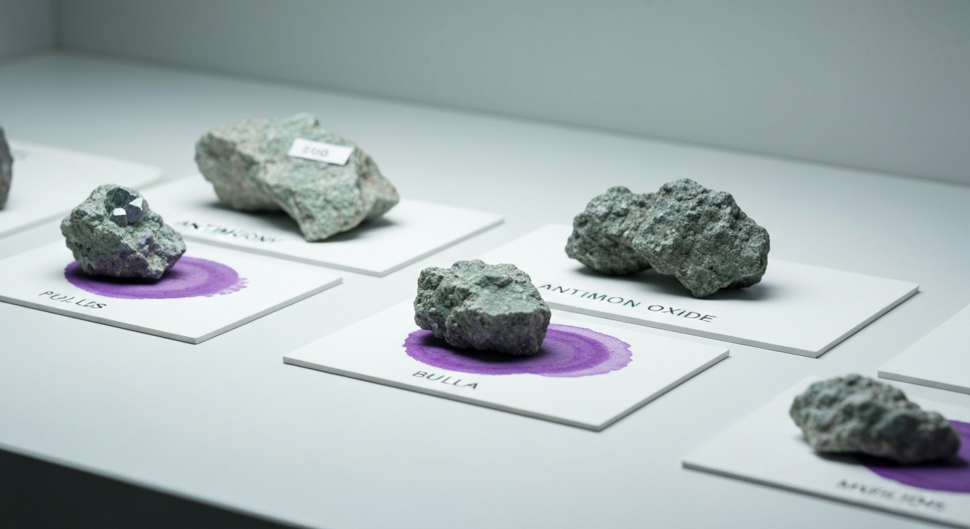 Antimon-Erzproben auf einem Mineralogen-Arbeitstisch mit Labelbeschriftung und kühler Beleuchtung