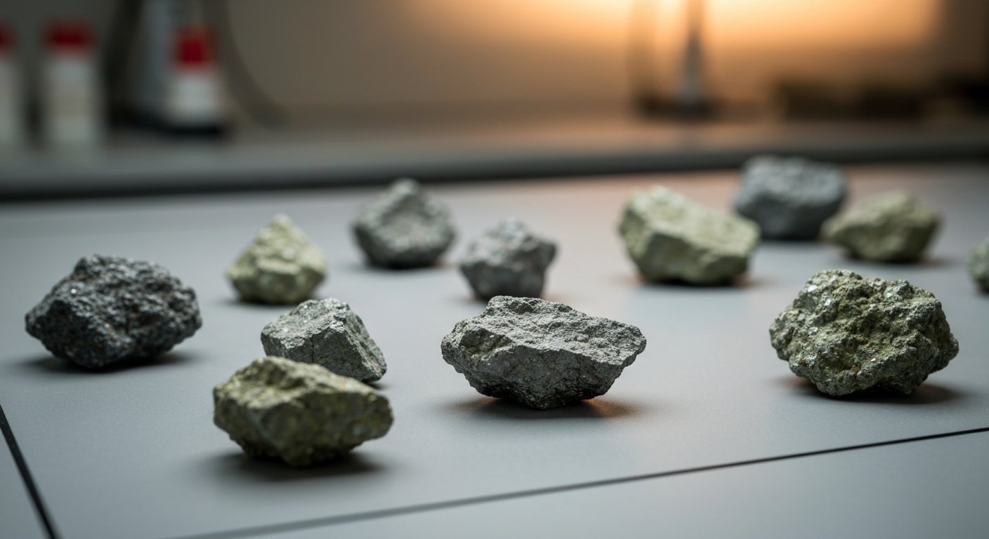 Antimony ore samples on an analysis table in a laboratory under cool lighting