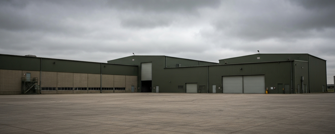 Industrieanlage zur Rüstungsproduktion unter bewölktem Himmel in militärischen Grau- und Grüntönen