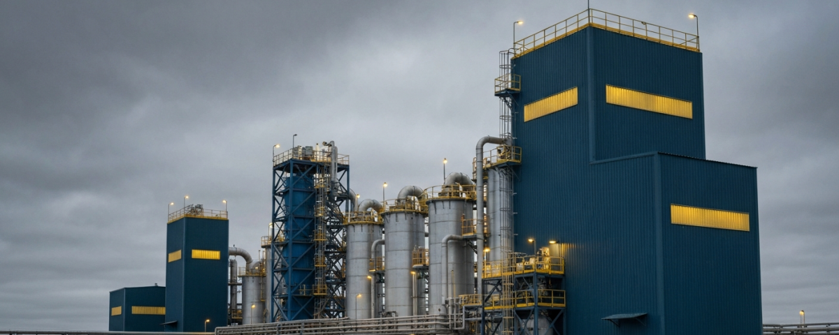 Uran-Aufbereitungsanlage unter bewölktem Himmel in industrieller Stahl-Blau-Grau-Atmosphäre