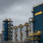 Uran-Aufbereitungsanlage unter bewölktem Himmel in industrieller Stahl-Blau-Grau-Atmosphäre