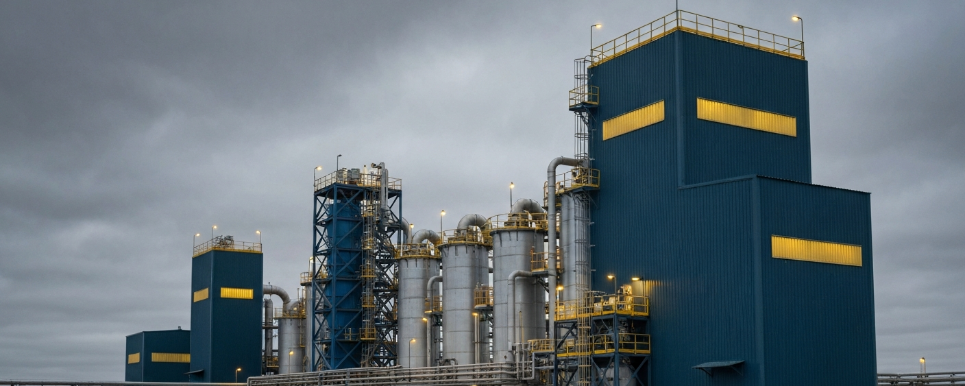 Uran-Aufbereitungsanlage unter bewölktem Himmel in industrieller Stahl-Blau-Grau-Atmosphäre