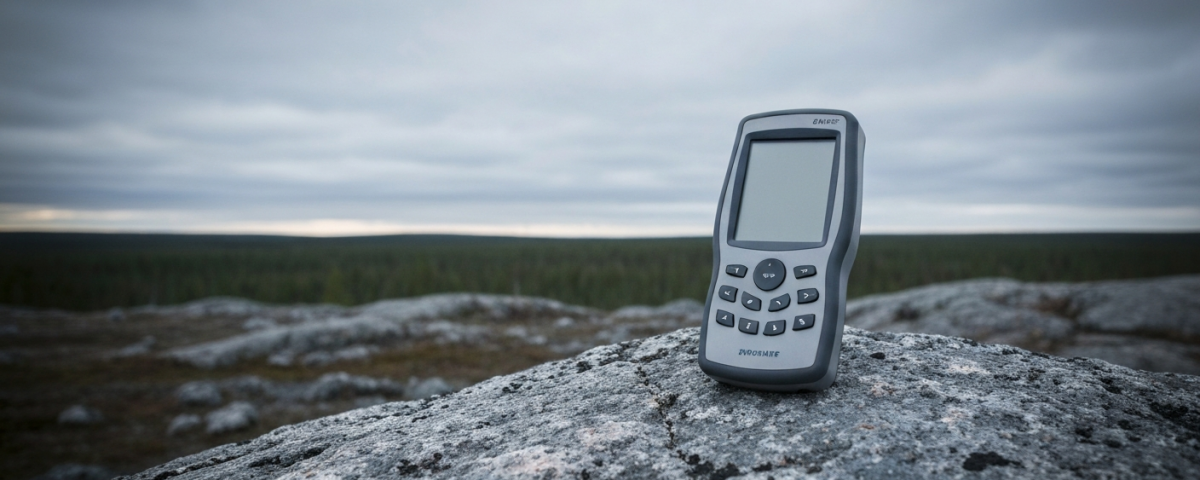 Geologe mit XRF-Analysegerät auf grauem Gesteinsaufschluss in borealer Landschaft