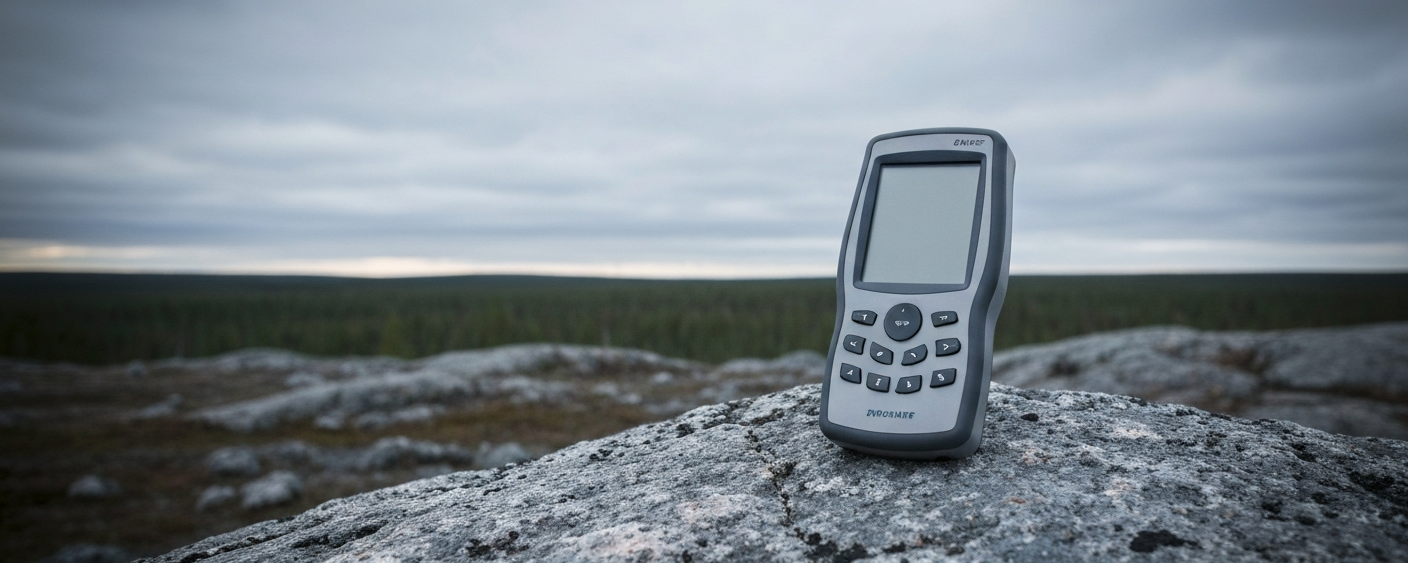 Geologe mit XRF-Analysegerät auf grauem Gesteinsaufschluss in borealer Landschaft