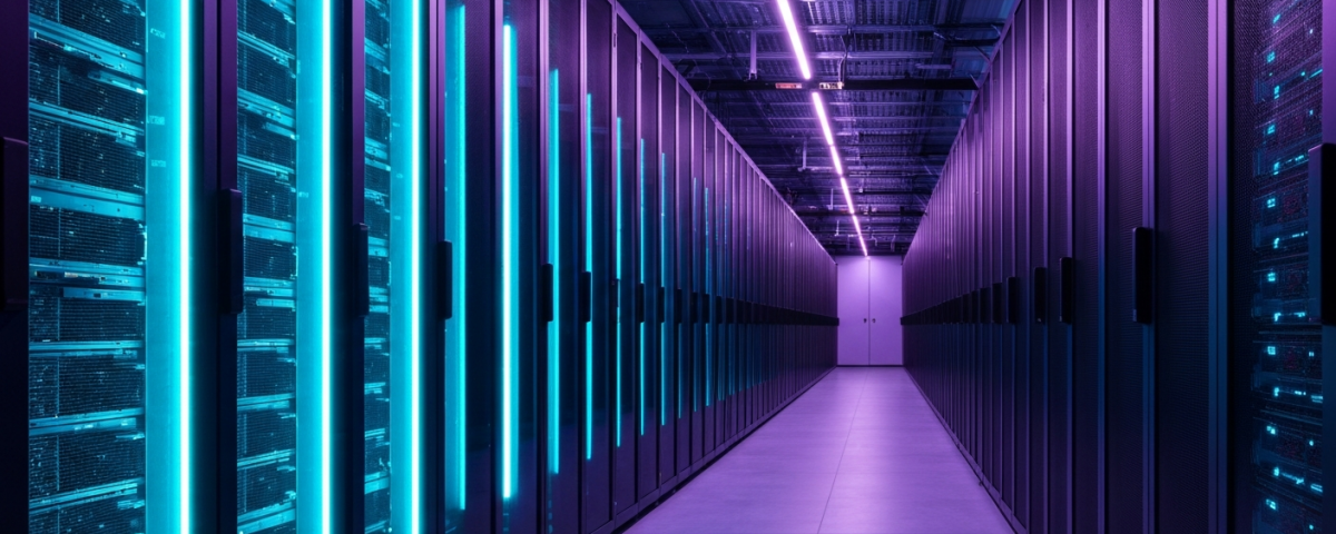 Servergang in einem modernen Hochleistungs-Datencenter mit blau-cyan LED-Beleuchtung