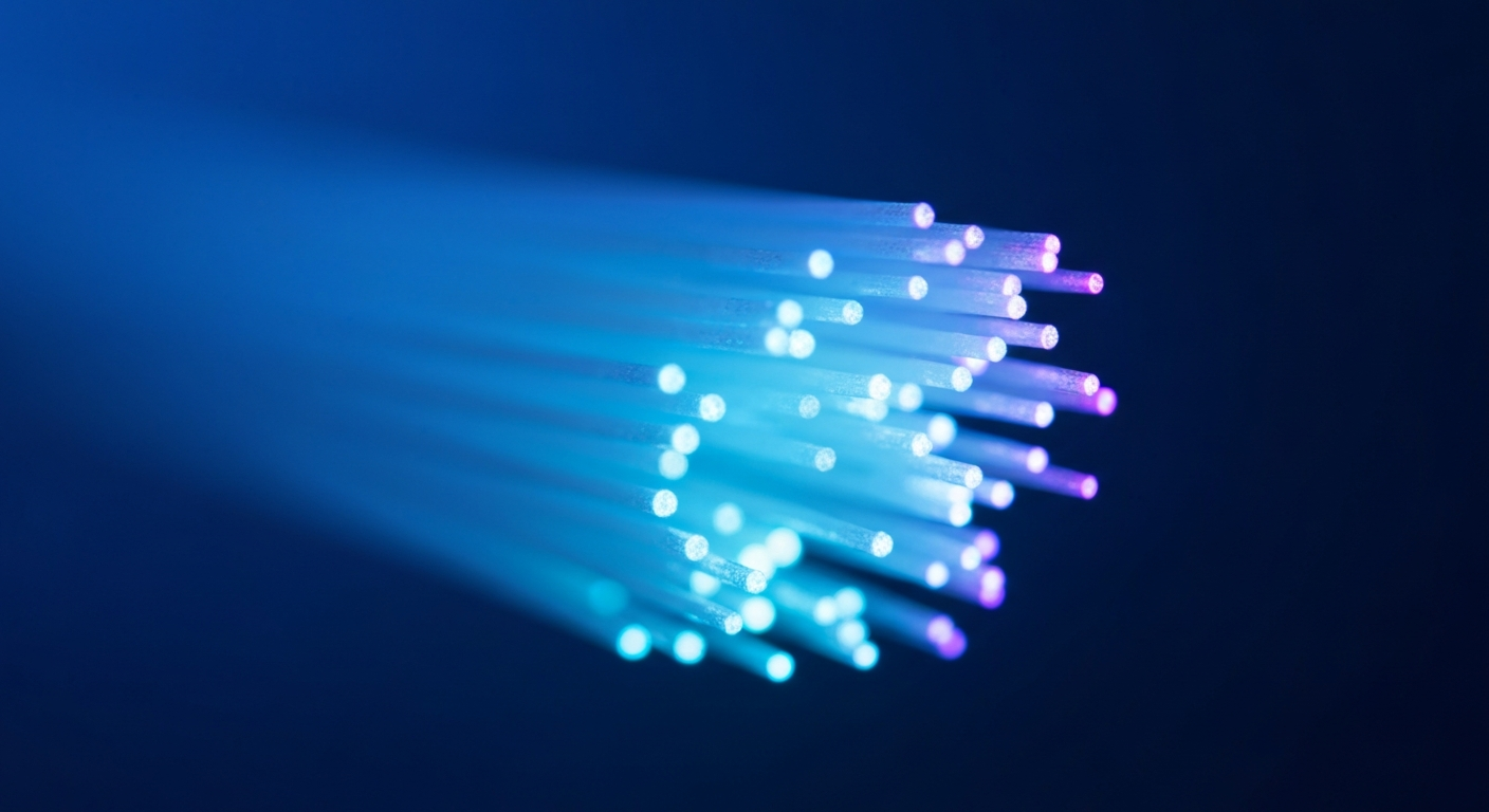 Querschnitt eines Glasfaserkabelbündels mit leuchtenden cyan-violetten Lichtpunkten