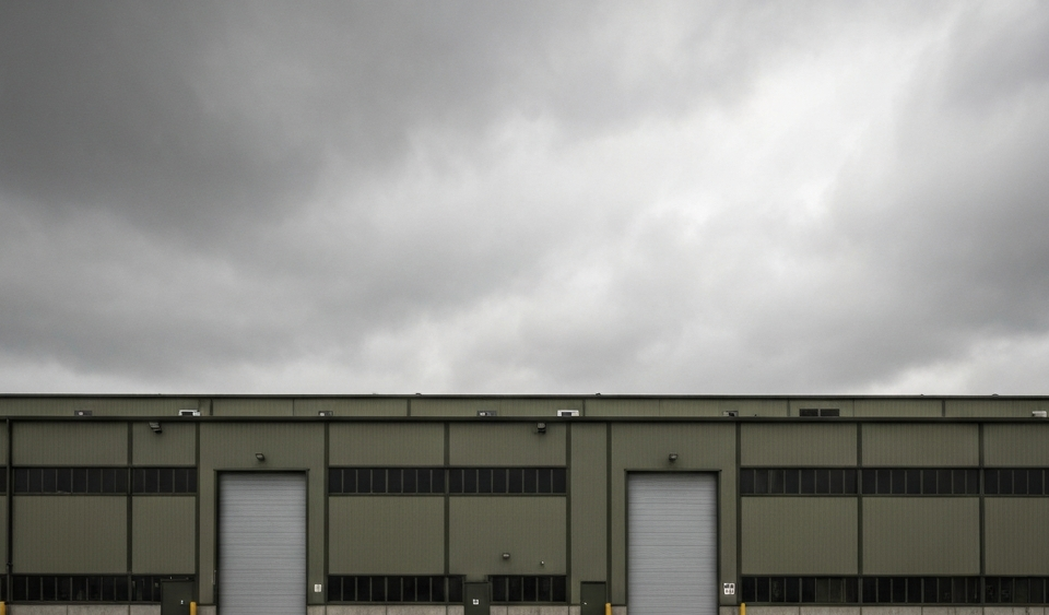 Rüstungsfabrik-Außengelände unter bedecktem Himmel in gedeckten Militärgrün- und Grautönen