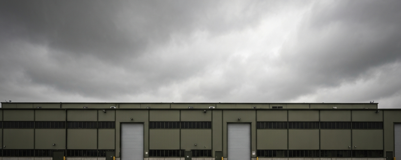 Rüstungsfabrik-Außengelände unter bedecktem Himmel in gedeckten Militärgrün- und Grautönen
