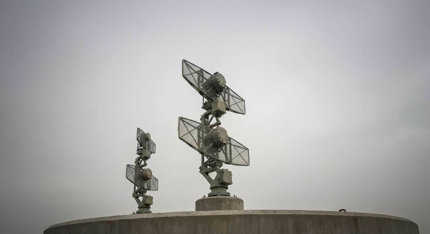 Radarantennenanlage auf Betonbasis unter grauem Himmel in gedeckten Industriefarben