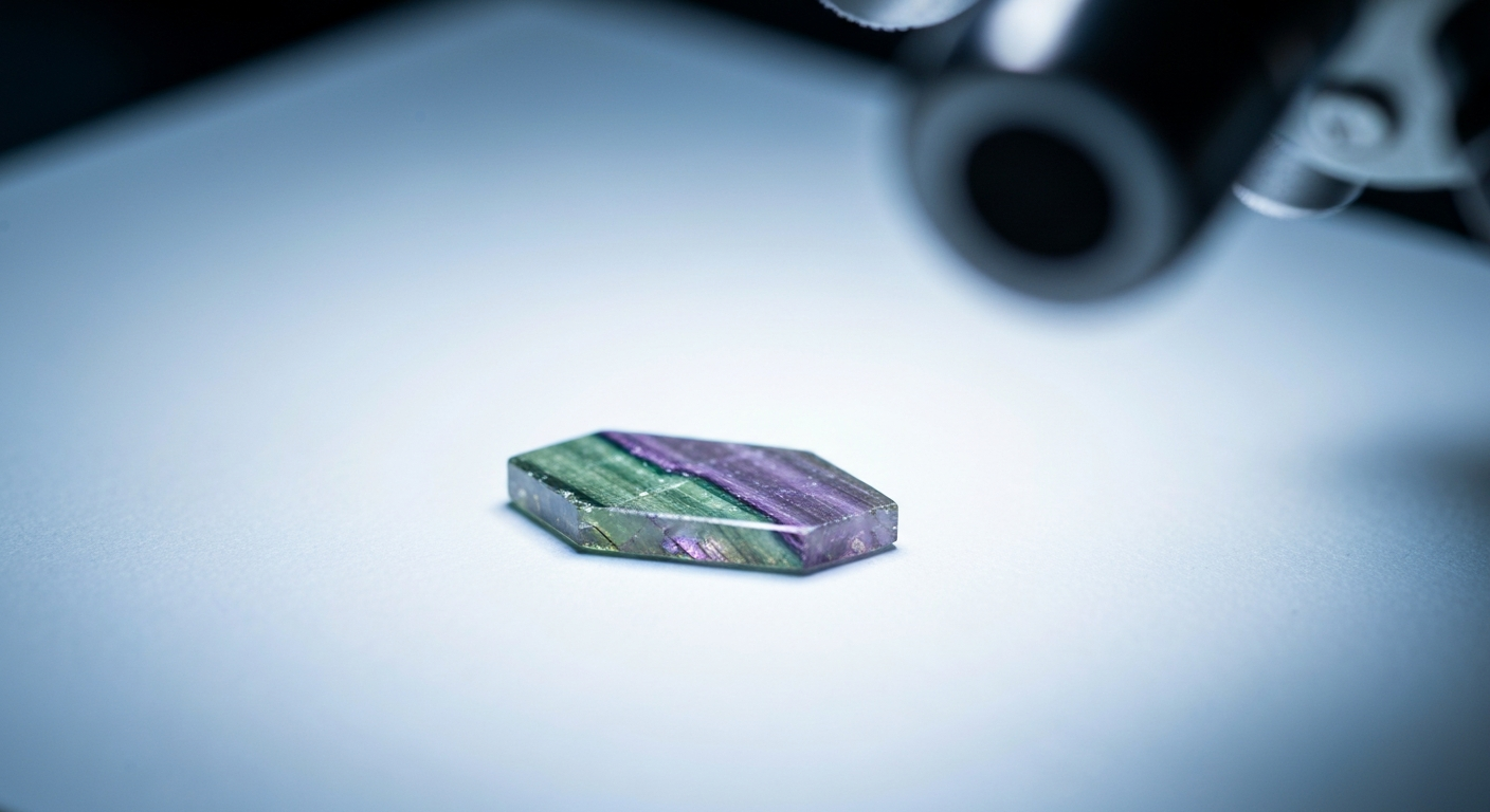 Thin section of a rare earth ore under a polarizing microscope showing violet and green mineral colors
