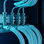 Flüssigkühlsystem in einem Hochleistungsserver-Rack mit cyan-blauer LED-Beleuchtung
