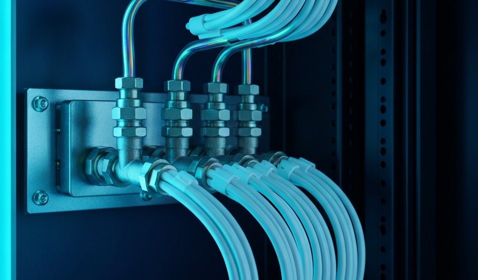Flüssigkühlsystem in einem Hochleistungsserver-Rack mit cyan-blauer LED-Beleuchtung