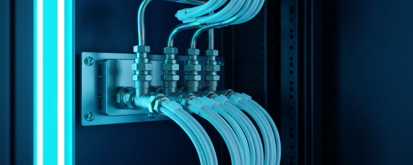 Liquid cooling system in a high-performance server rack with cyan-blue LED lighting