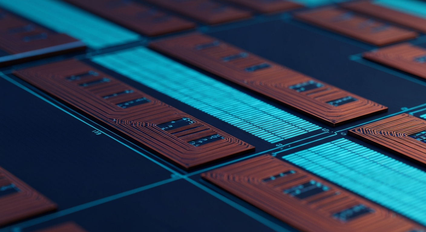 Macro shot of a chip substrate with copper interconnect layers under cleanroom lighting