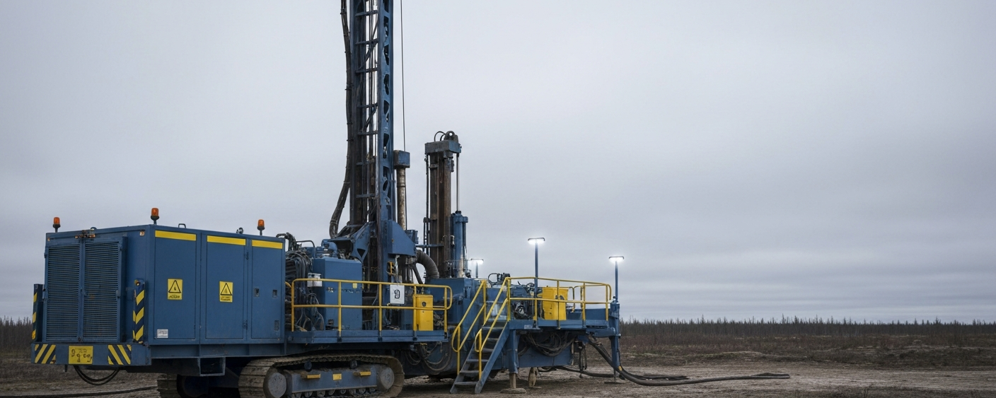 Bohranlage im Athabasca-Becken unter bedecktem Himmel in Stahl-Blau und Betongrau