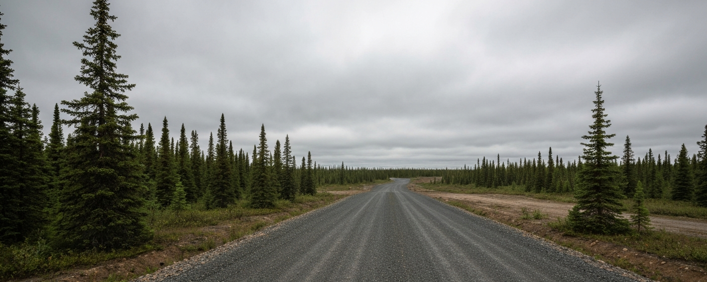 Fernbohrplatz im borealen Wald des Athabasca-Beckens unter bewölktem Himmel