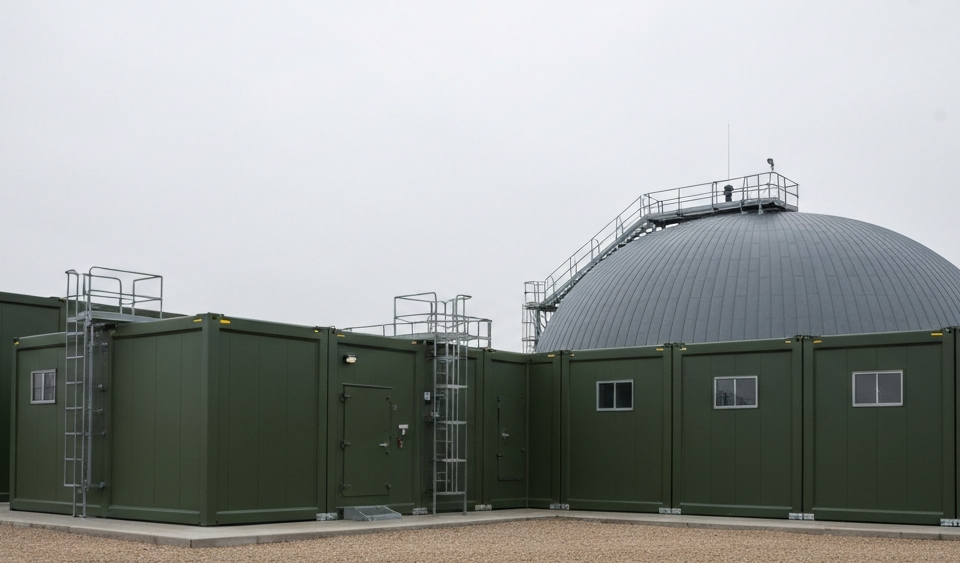 Modulare Kernreaktoranlage unter bedecktem Himmel in militärgrüner Industrieumgebung