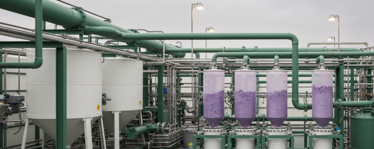 ISR-Verarbeitungsanlage für Seltene Erden mit grünen Rohren und lilafarbenen Oxidrückständen in Sammelbehältern
