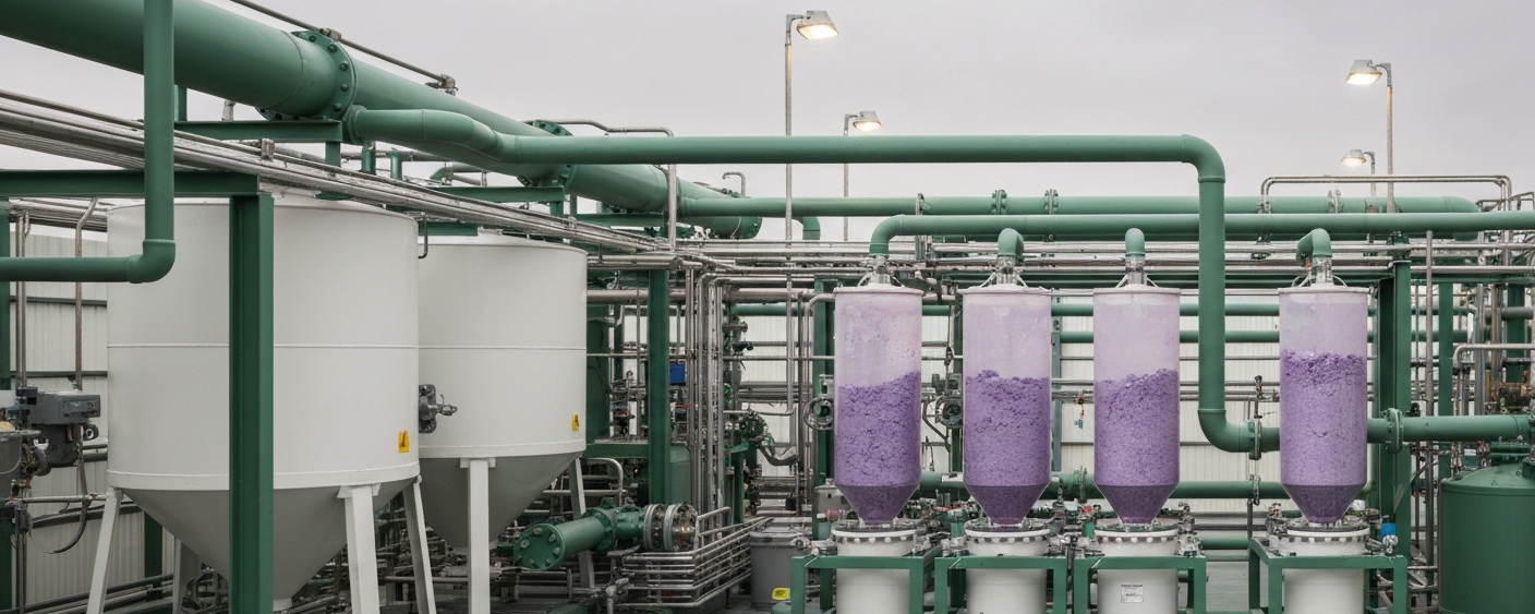 ISR-Verarbeitungsanlage für Seltene Erden mit grünen Rohren und lilafarbenen Oxidrückständen in Sammelbehältern