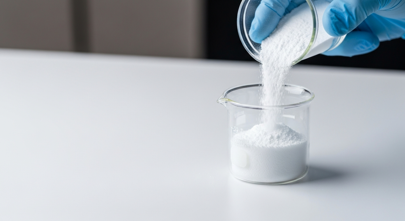 Weißes Lithiumcarbonat-Pulver wird in ein Laborgefäß auf heller Oberfläche gefüllt