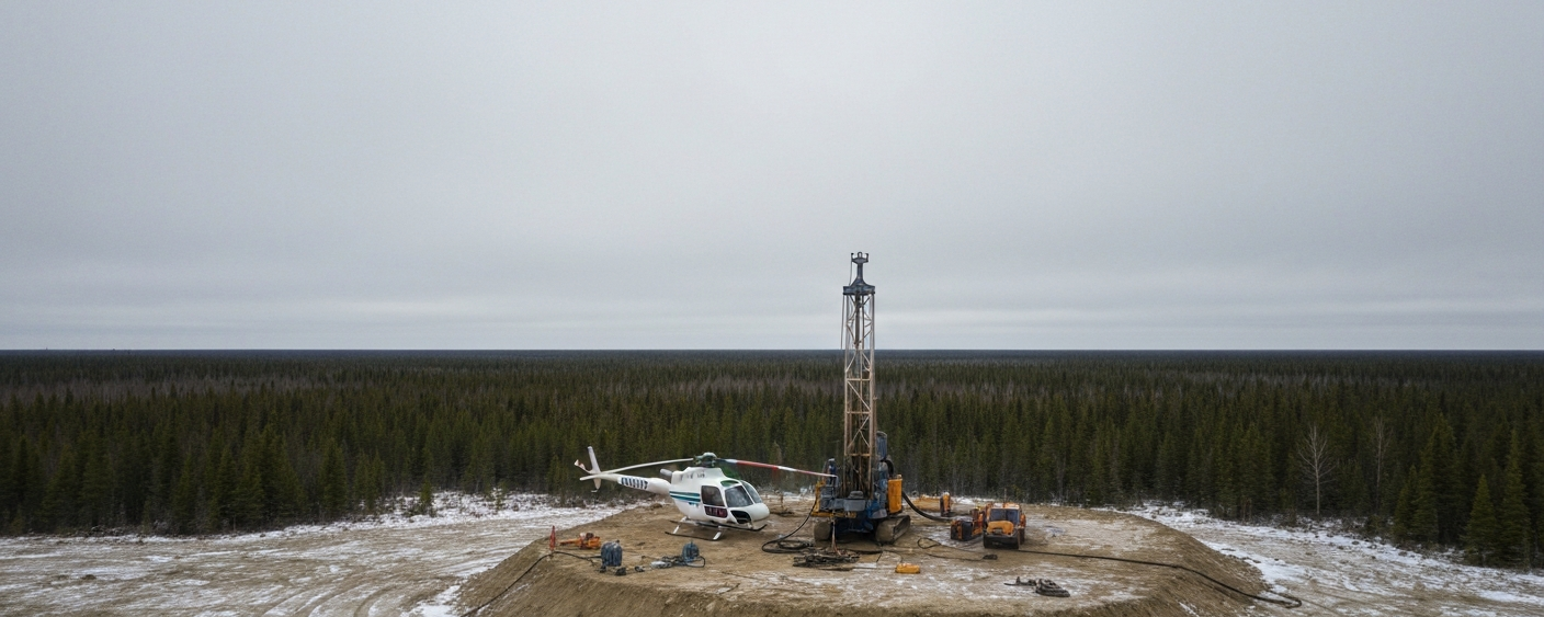 Aerial view of a drill camp in the boreal forest of the Athabasca Basin with helicopter and drill rig