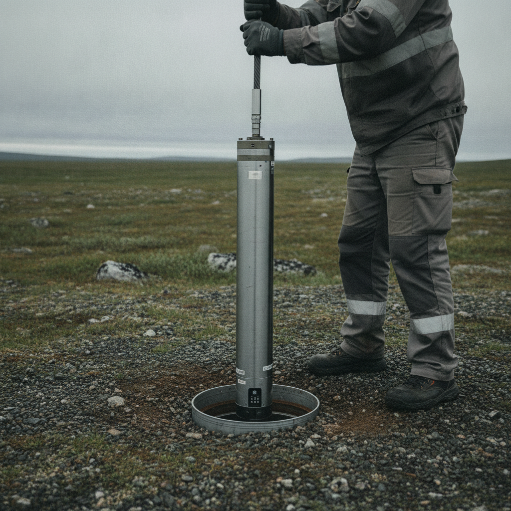 Technician inserting a geophysical downhole logging probe into an exploration drill hole