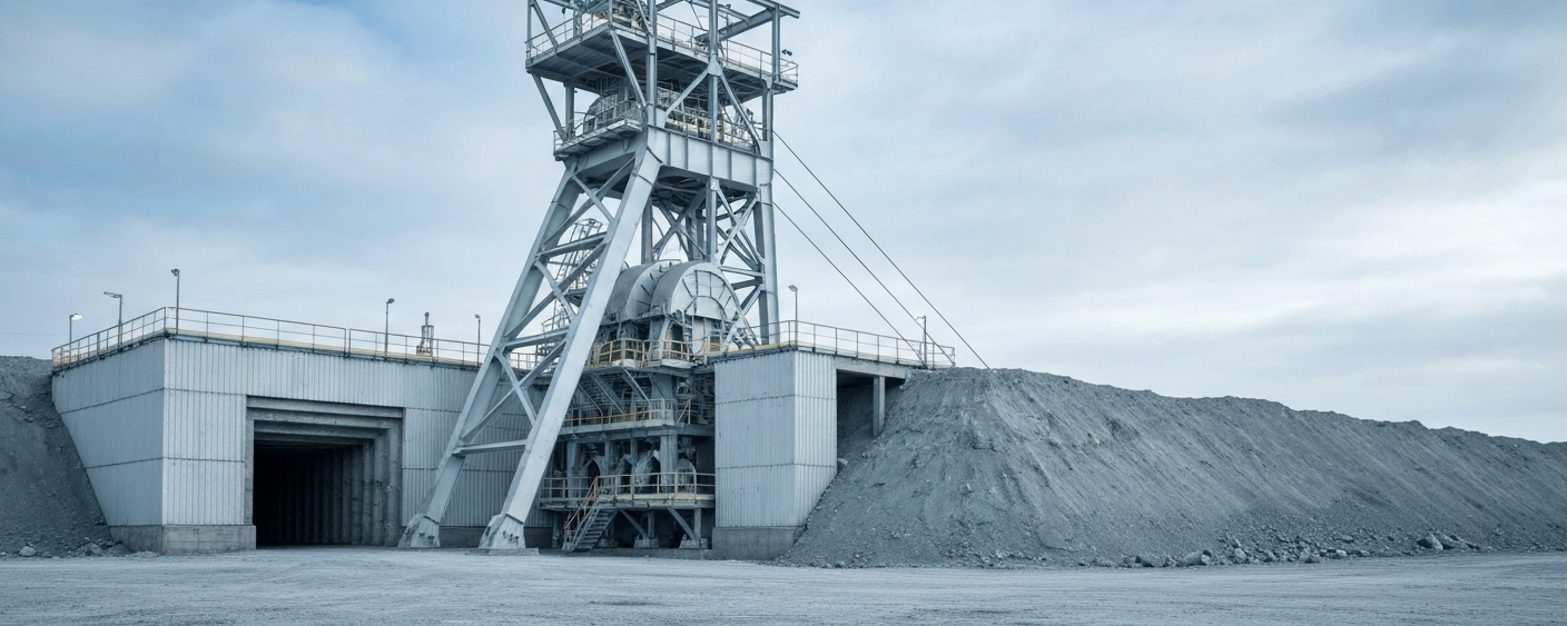 Entrance to an underground tunnel with a headframe under an overcast sky – silver mine in Mexico