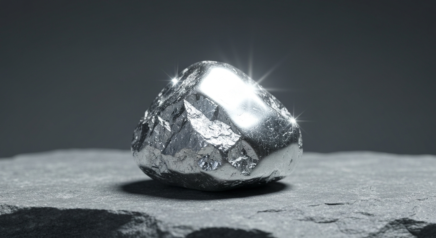 Polished silver ore on a gray rock surface with cool reflections
