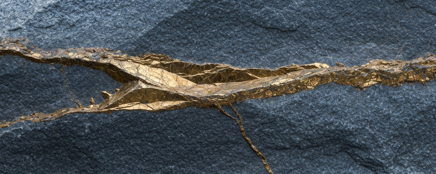 Quarzader mit Goldmineralisierung in dunkelgrauem Gestein – geologisches Detailbild eines Goldprojekts