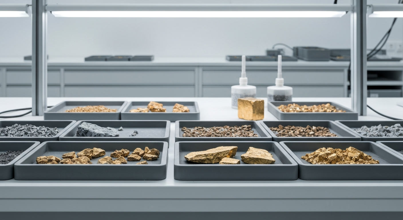 Bohrkernproben auf Labortischen in einem neutralen Analyselabor für Goldprojekte