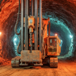 Bohranlage in einem Kupfer-Sulphid-Tunnel mit sichtbaren Erzadern in rotorangenem Gestein