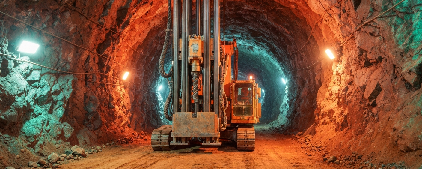 Drill rig inside a copper sulfide tunnel with visible ore veins in red-orange rock