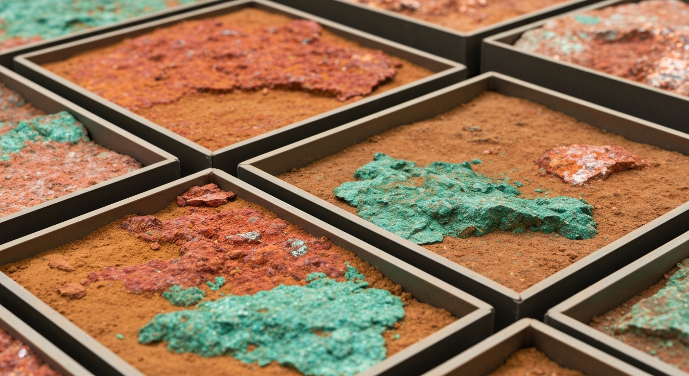 Drill core samples showing copper sulfide mineralization in red-orange and blue-green hues