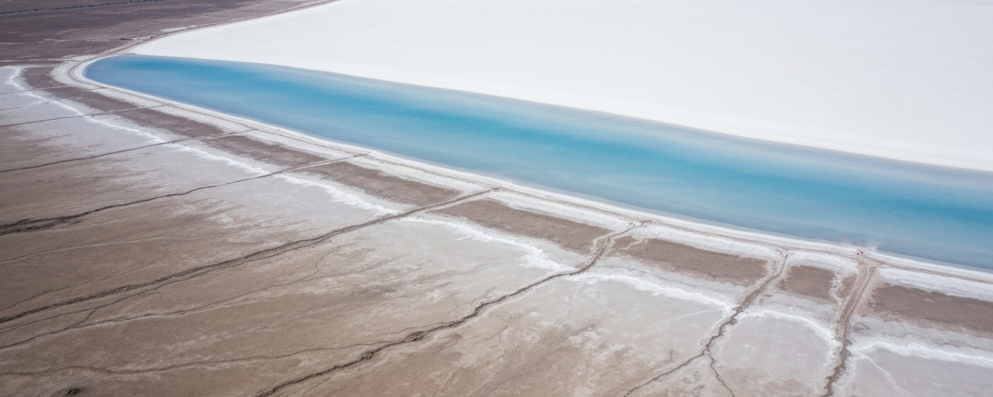 Aerial view of a salar with a white salt crust and sky-blue evaporation ponds in midday light
