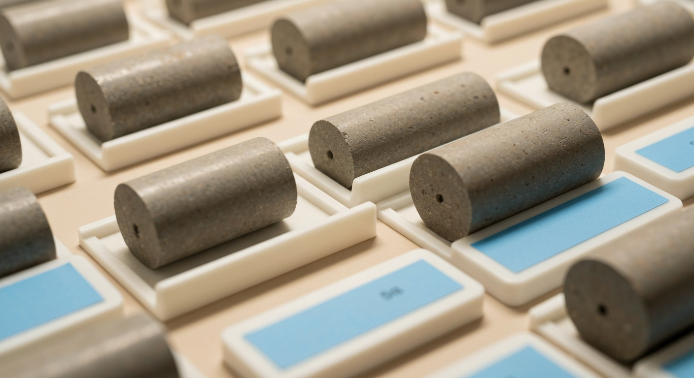 Drill cores in labeled white plastic trays during sampling in a laboratory