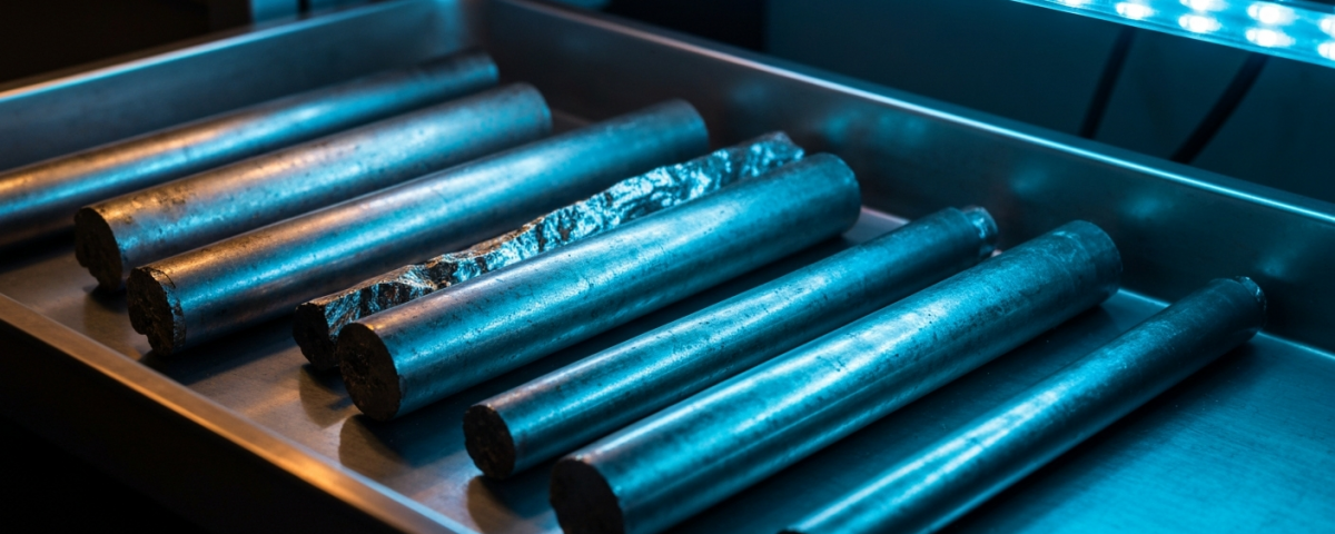 Silberbohrkerne auf einem Metalltablett unter kühlem LED-Laborlicht