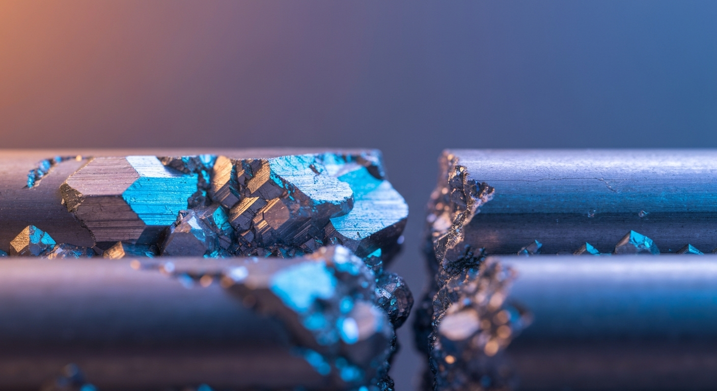 Aufgeschlitzter Bohrkern mit sichtbarer Silbermineralisierung unter blauem Licht