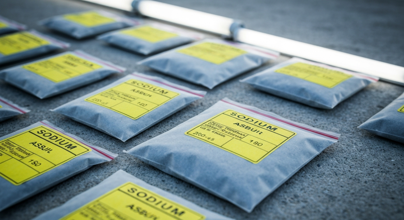 Beschriftete Probensäcke und Assay-Belege auf grauer Betonoberfläche bei einer Feldexploration