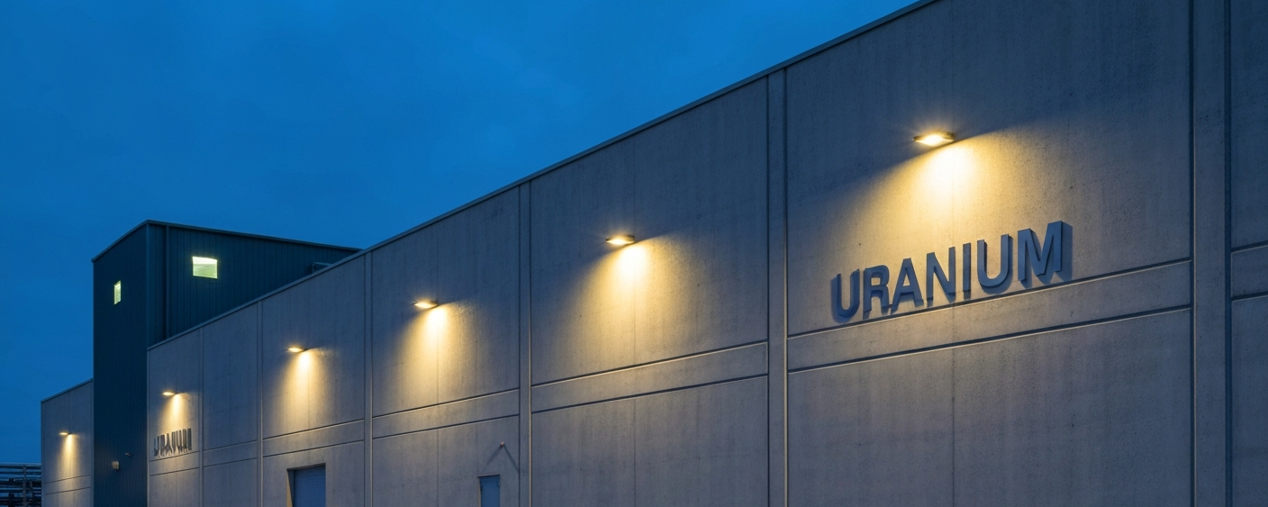 Uranverarbeitungsanlage bei Blaustunde mit stahlblauem Himmel und natriumgelbem Licht