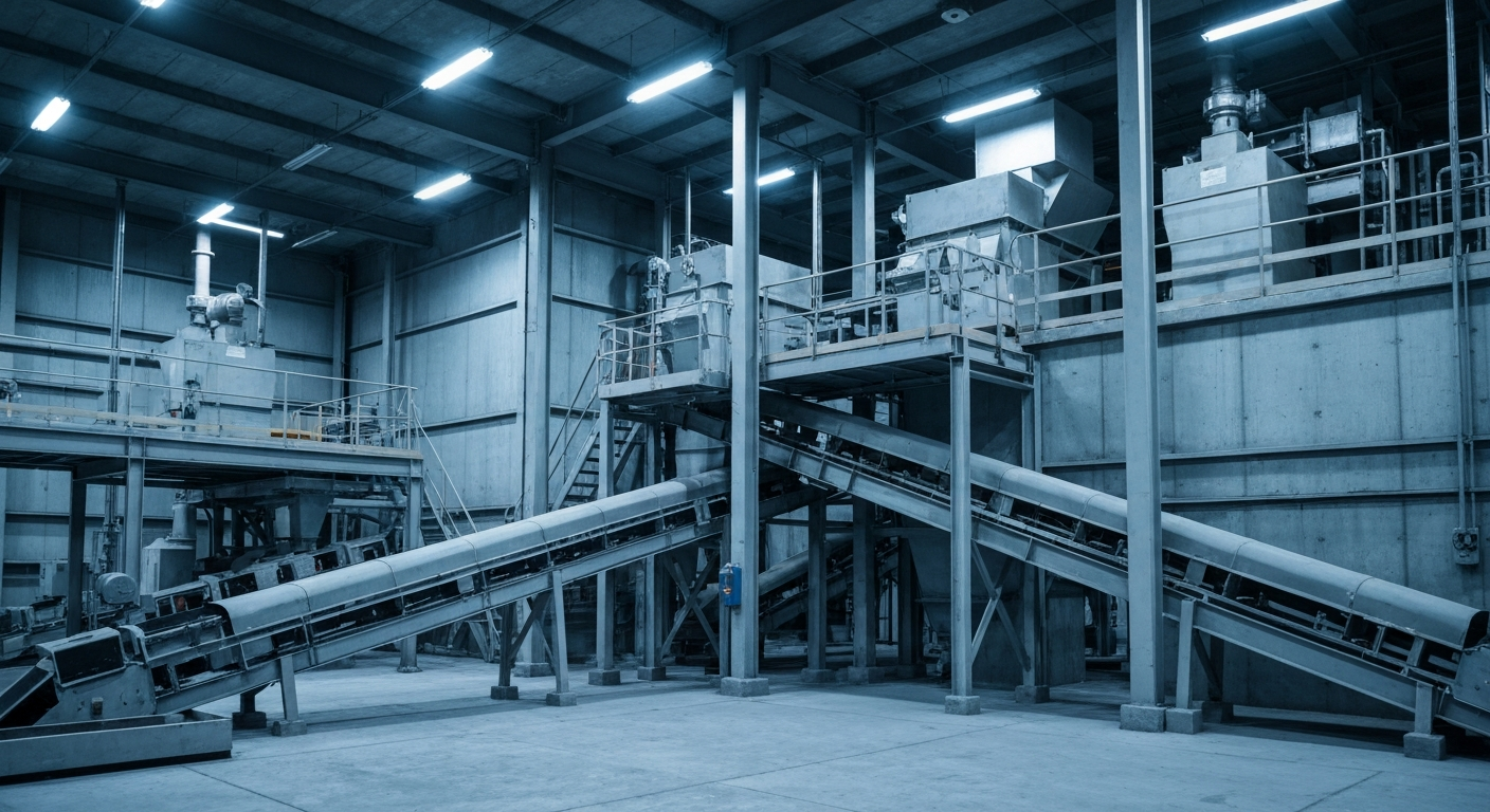Industrieinnraum einer Uranmühle mit Förderanlagen in kühlem Grau-Blau-Ambiente