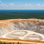 Luftaufnahme eines Lithium-Pegmatit-Tagebaus in tropischer Landschaft, helles Tageslicht