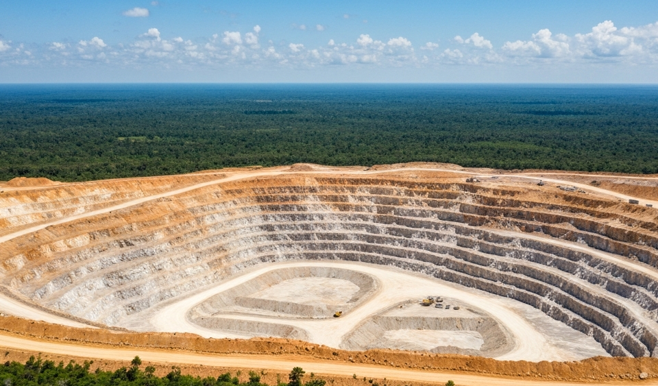 Luftaufnahme eines Lithium-Pegmatit-Tagebaus in tropischer Landschaft, helles Tageslicht
