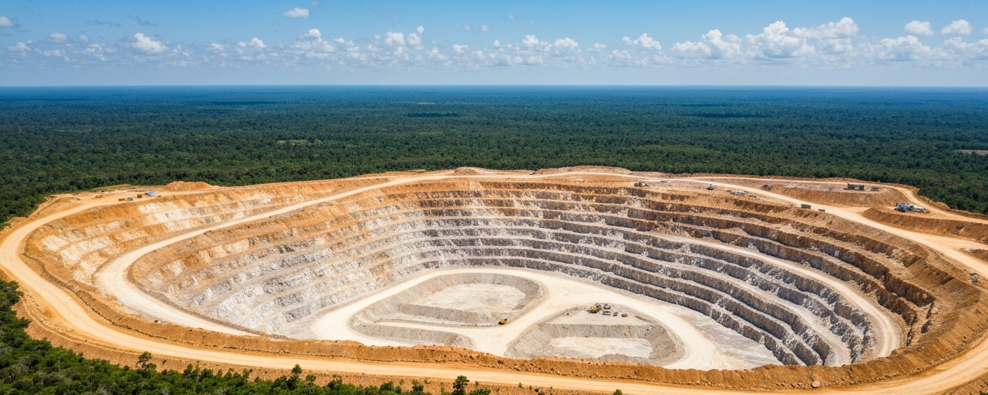 Aerial view of a lithium pegmatite open-pit mine in a tropical landscape, bright daylight
