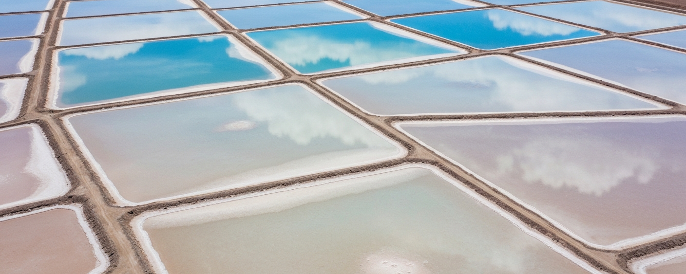 Aerial view of an evaporation pond grid on a high-altitude salar in Argentina with turquoise lithium brine