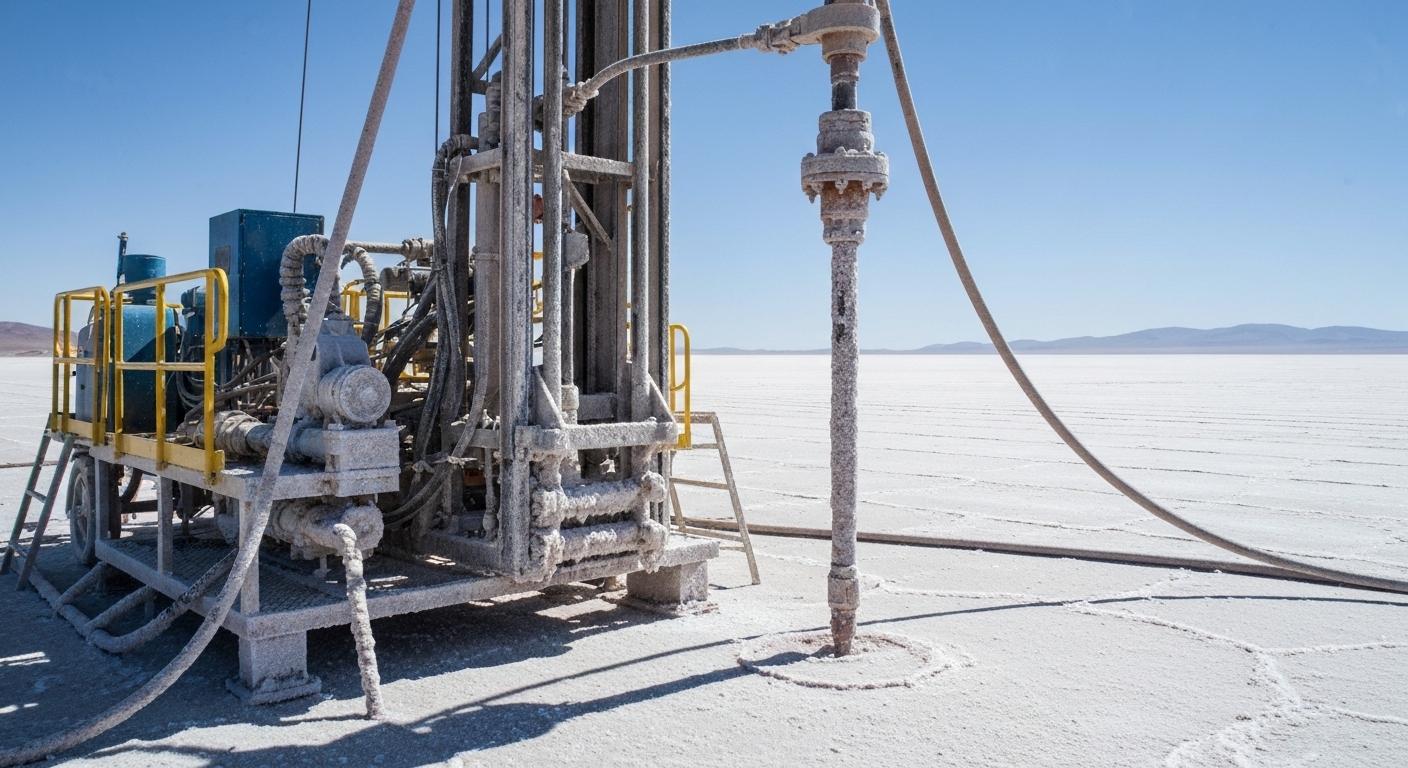 Drilling rig for brine extraction on a salar with visible salt crystal deposits on the surface