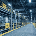 Inneres einer Uranverarbeitungsanlage mit Stahlgalerien und industriellen Rohrleitungen