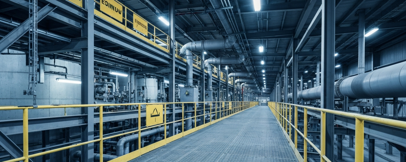 Inneres einer Uranverarbeitungsanlage mit Stahlgalerien und industriellen Rohrleitungen