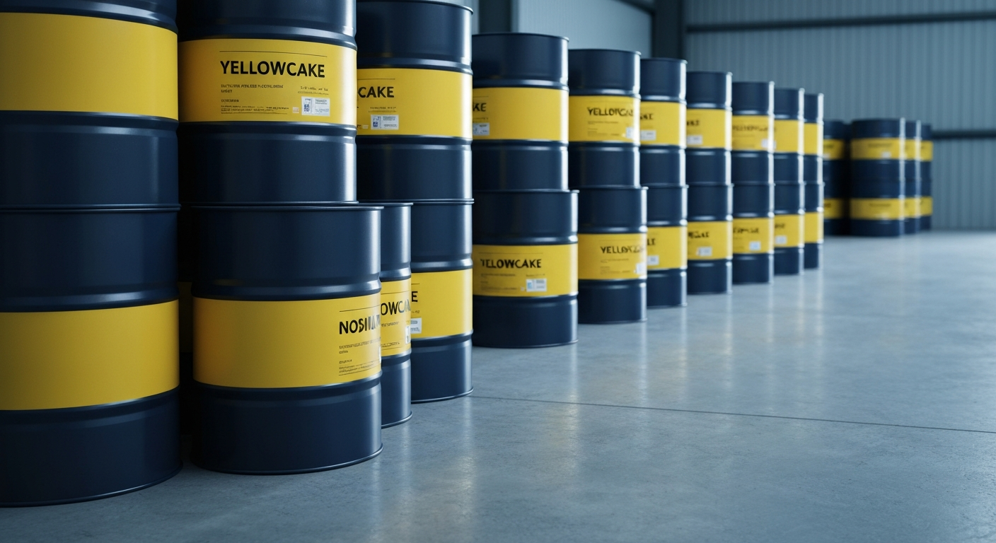 Yellowcake-Fässer auf Betonboden eines gesicherten Uran-Lagerraums